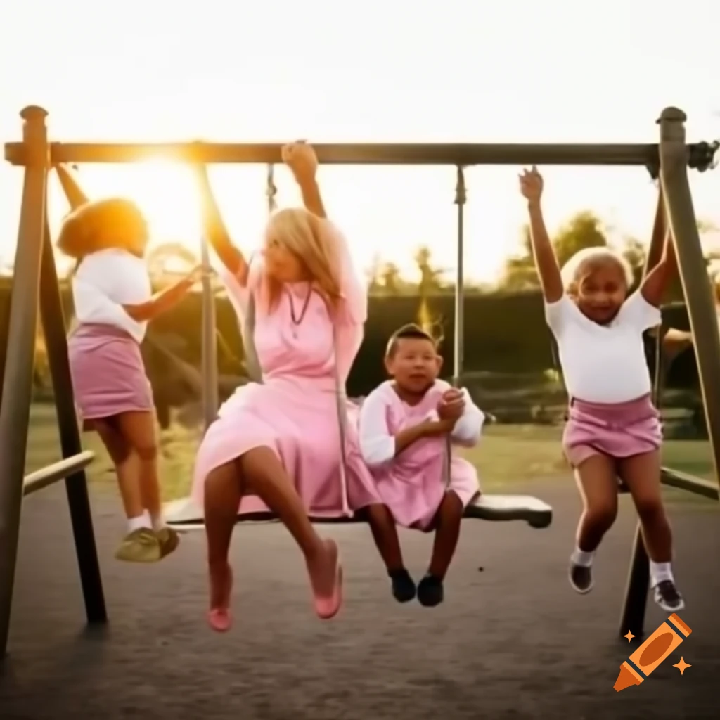 Carefree woman in pink dress swinging joyfully in playground with children