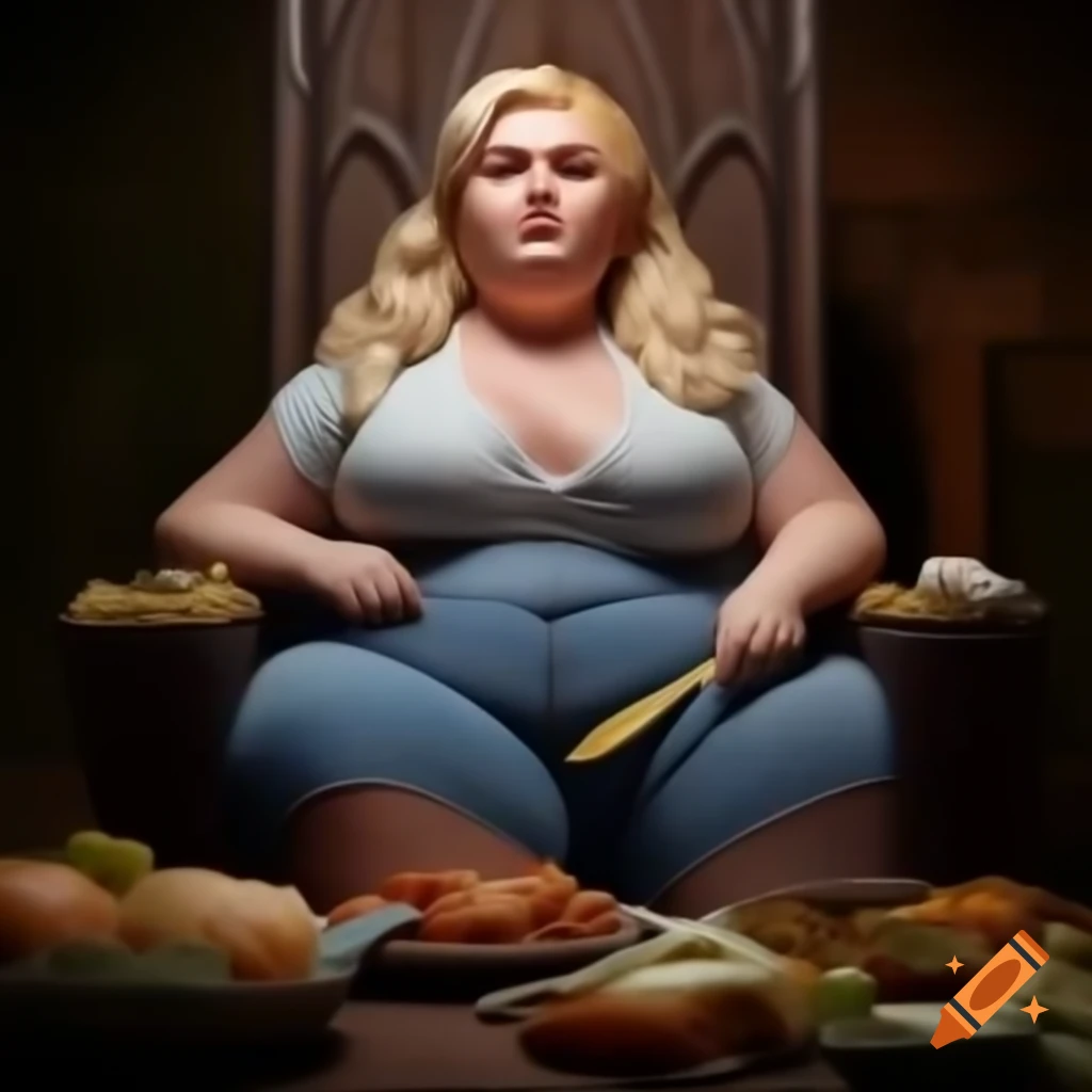 Plus sized blonde woman sitting on throne with food