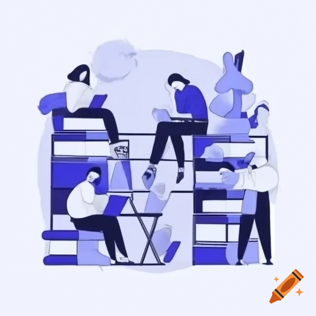 Minimalist line art of people studying in a library