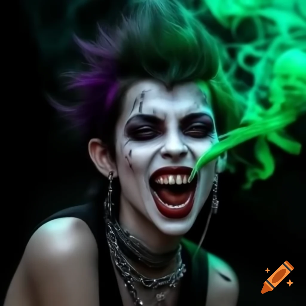 Psychedelic punk rock vampire with messy hair and piercings against green smoke