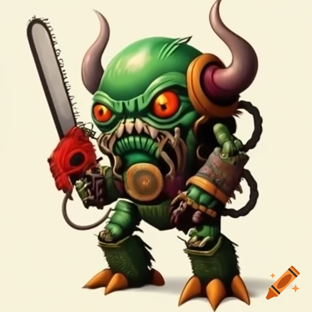 Tattoo style cyclops robot wielding chainsaw