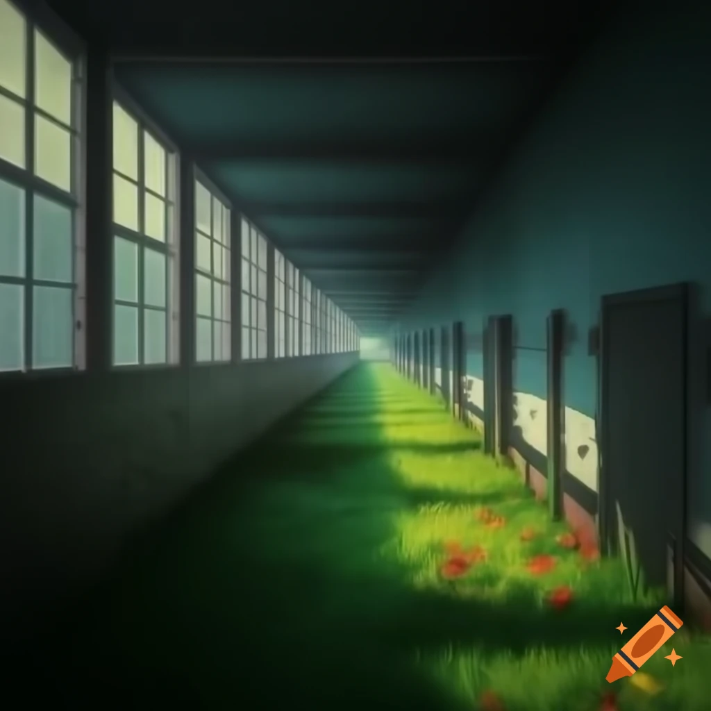Liminal hallway with flower and grass floor, windows illuminating clouds on ceiling
