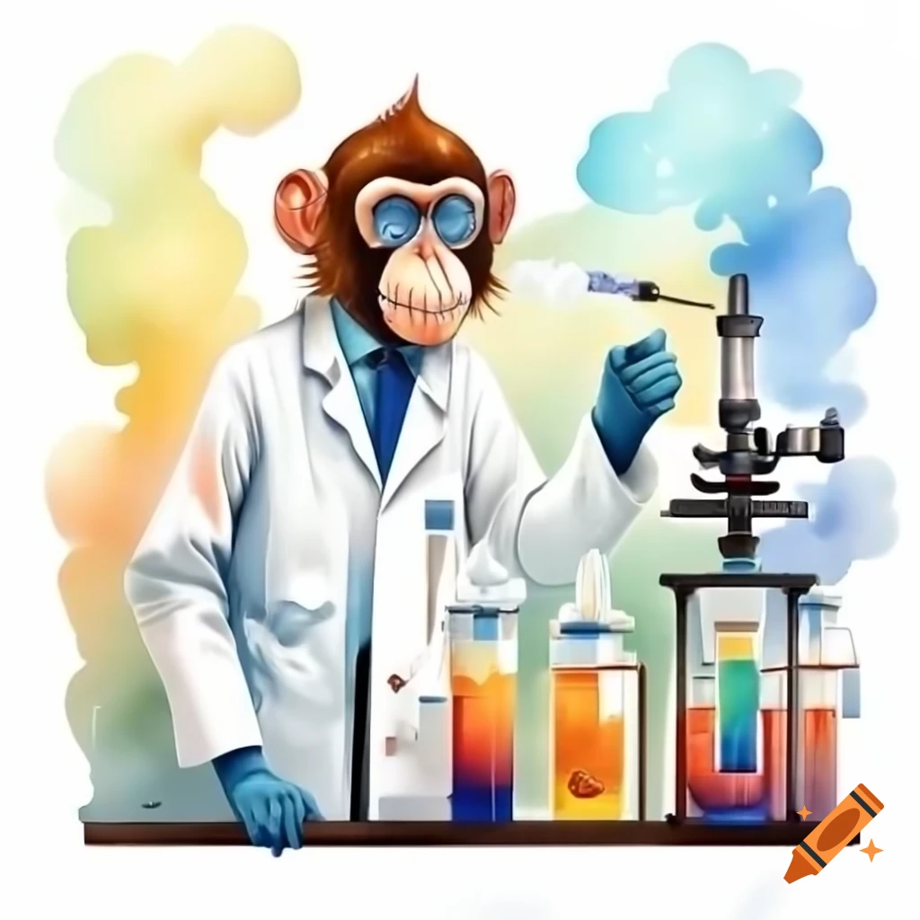 Scientist with monkeys in lab working on potions
