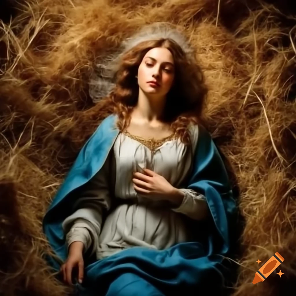 Virgin Mary relaxing on straw with a satisfied expression in a breezy setting
