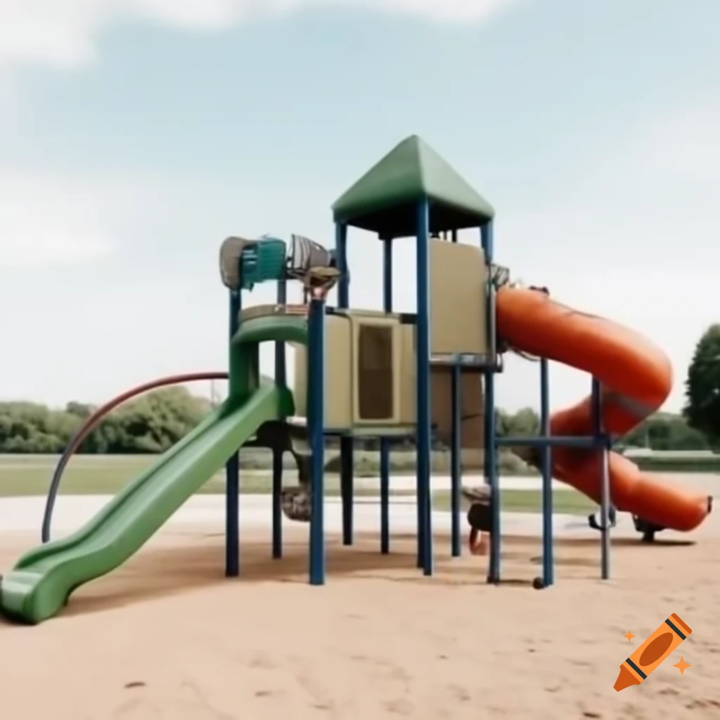Playground design featuring big slide, climber, swings, sandpit, and seesaws