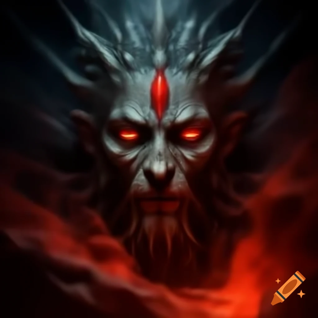 Glowing god with fiery red eyes emerging from crimson mist