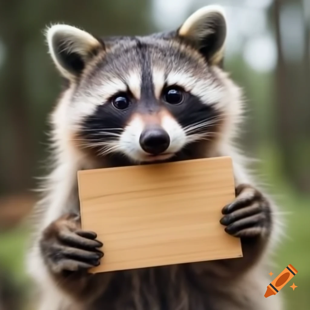 Raccoon holding donation sign for volunteer team
