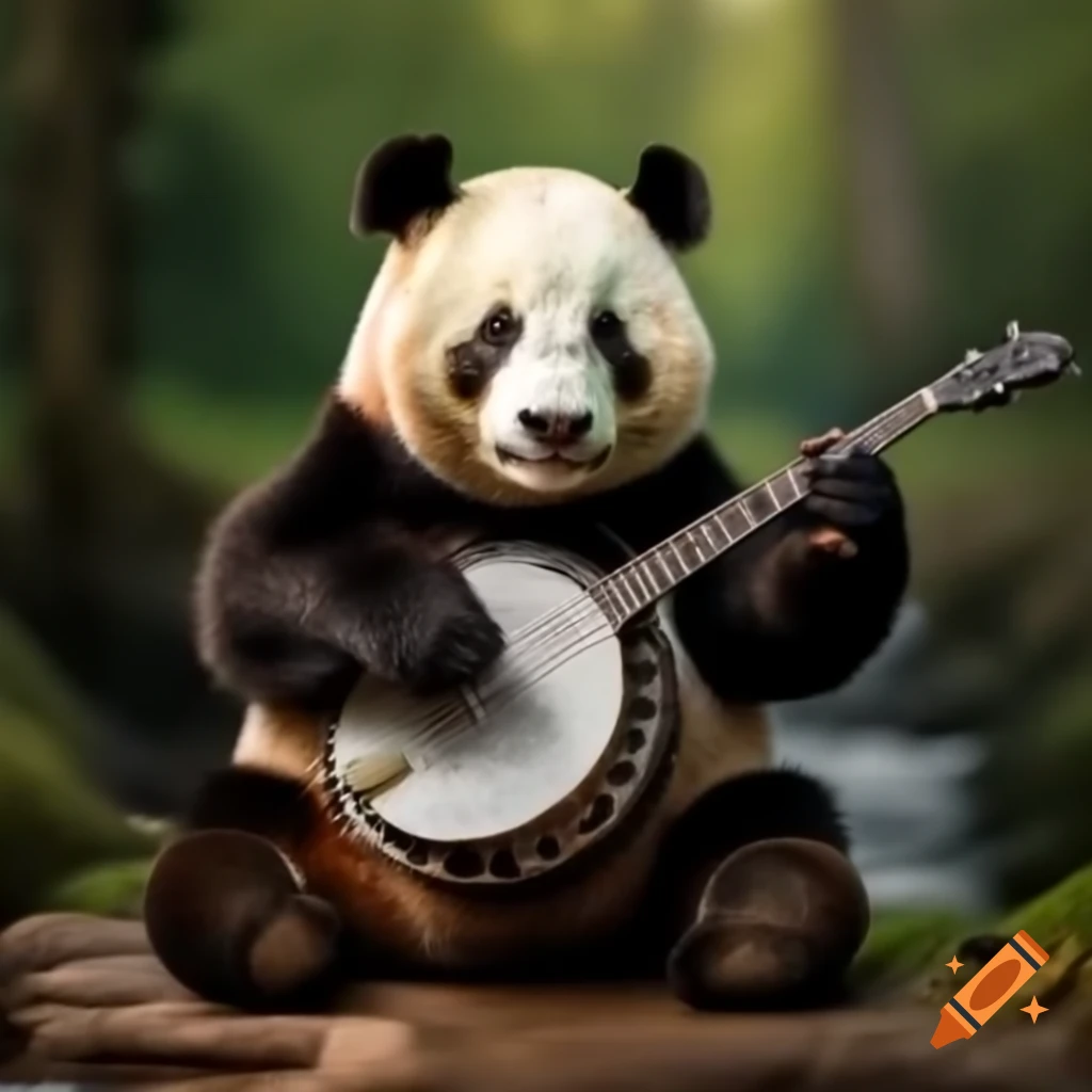Panda playing banjo in a whimsical setting
