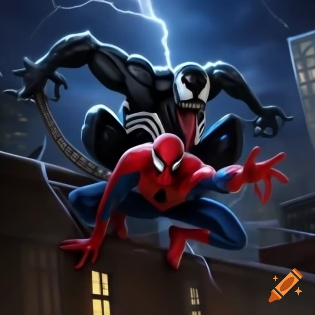 Venom and Spider-Man battling on rooftop with stormy sky and city lights