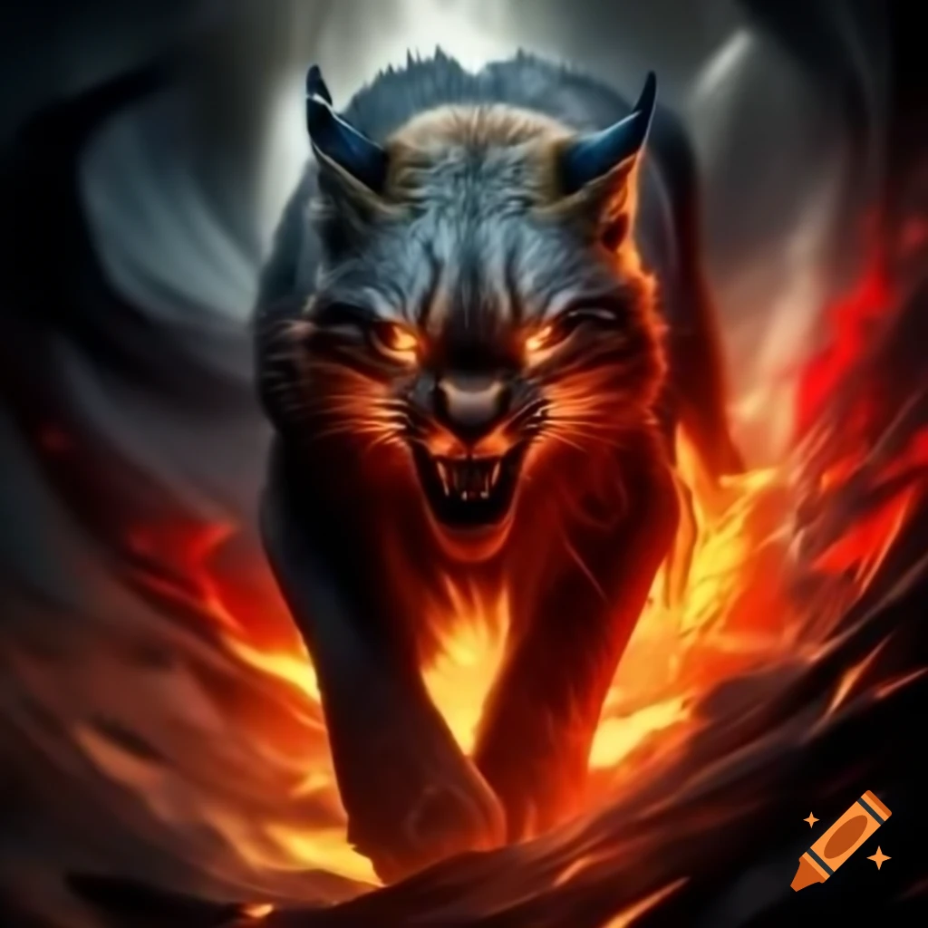 Lynx emerging from fire vortex with fiery red gaze