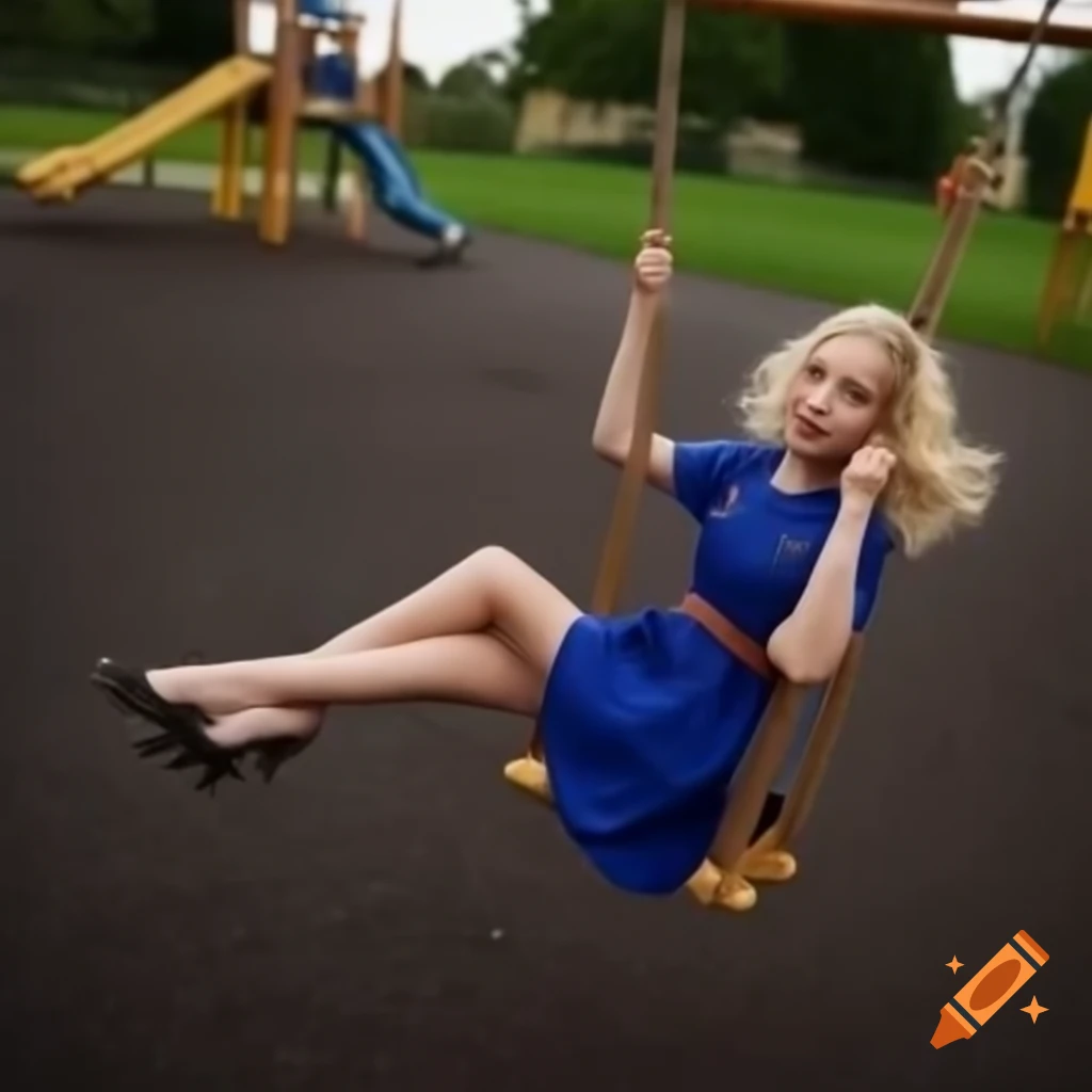 Woman in blue dress and pigtails swinging joyfully on a playground