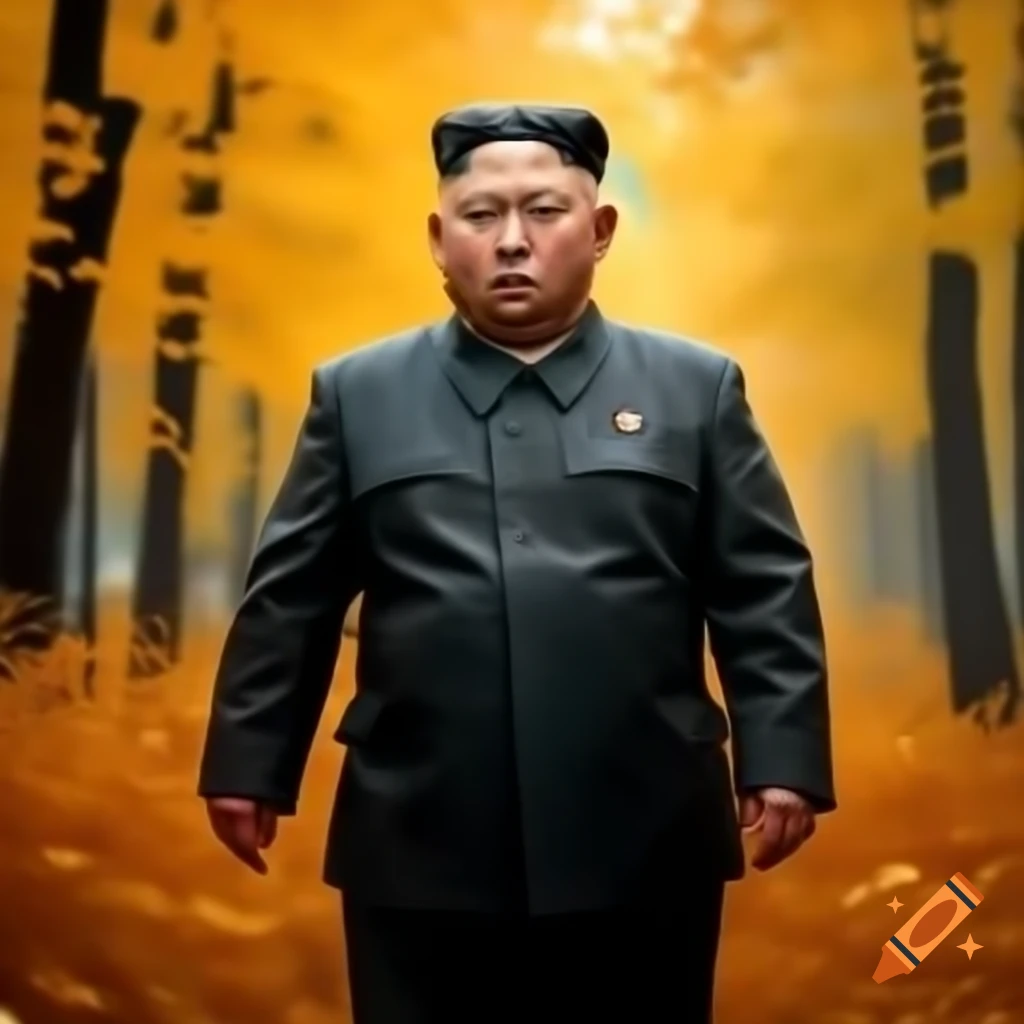 Kim Jong Un walking through autumn foliage