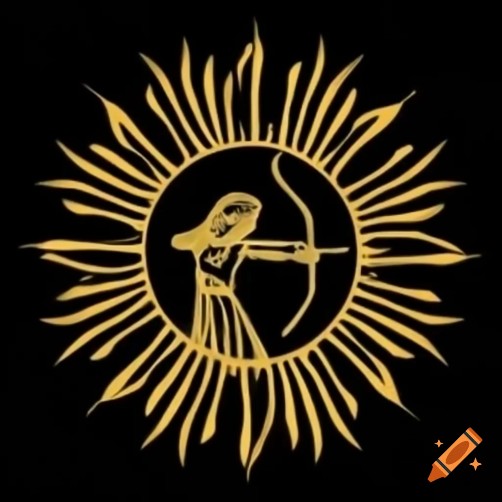 Gold outline of pagan woman with bow and arrows against black background, sun rays behind