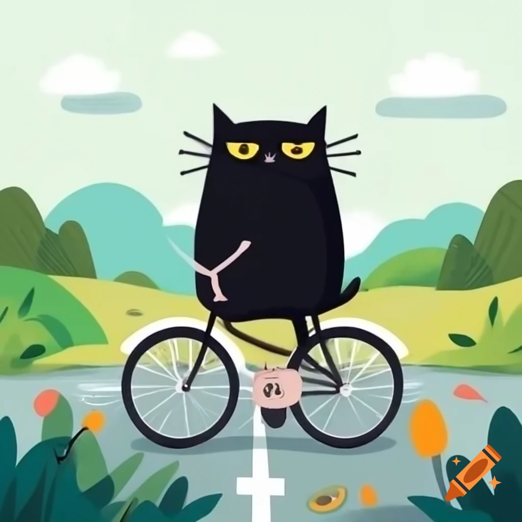 Black cat on road bicycle with nature backdrop