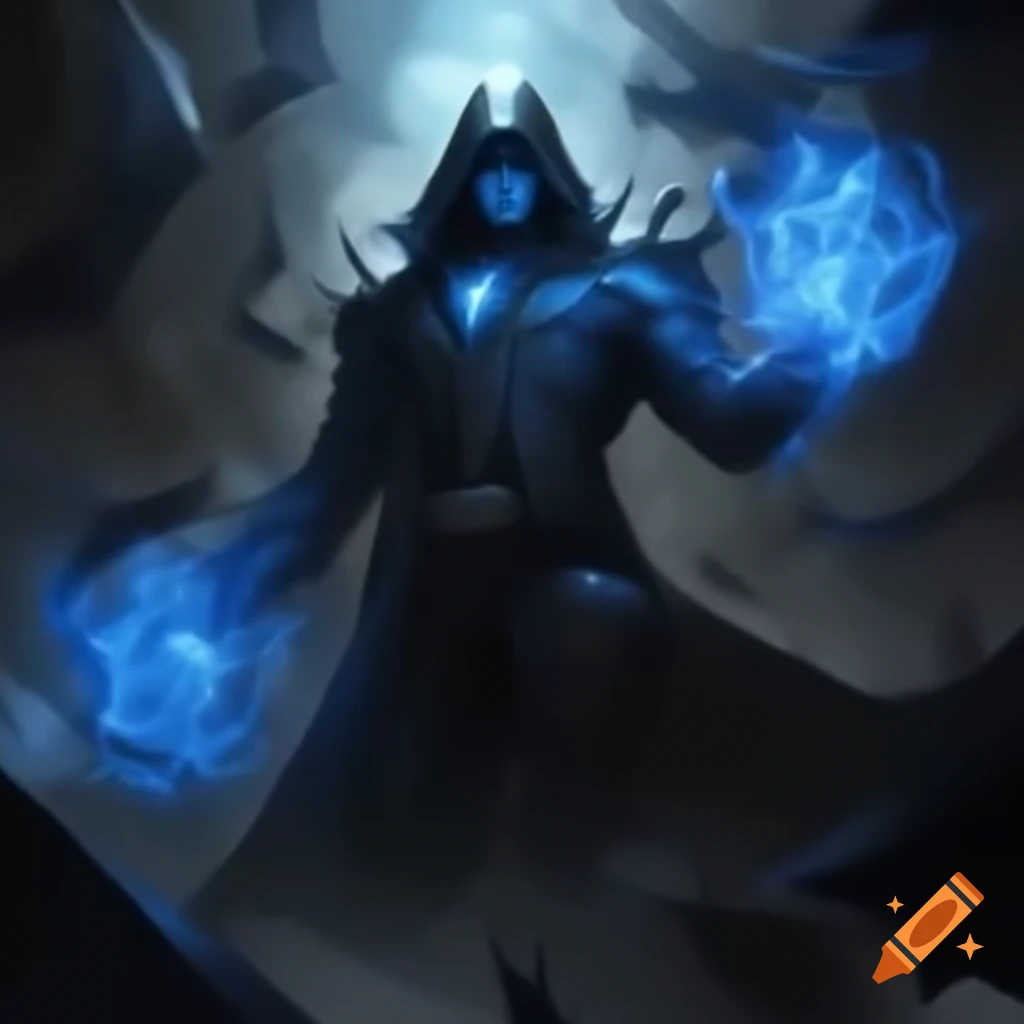 Malevolent cloaked figure wielding blue energy and obsidian claws causing destruction
