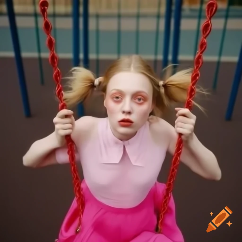 Young woman in pink dress swinging joyfully on playground