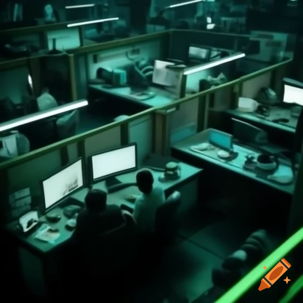 Crowded small open plan office with fluorescent lighting
