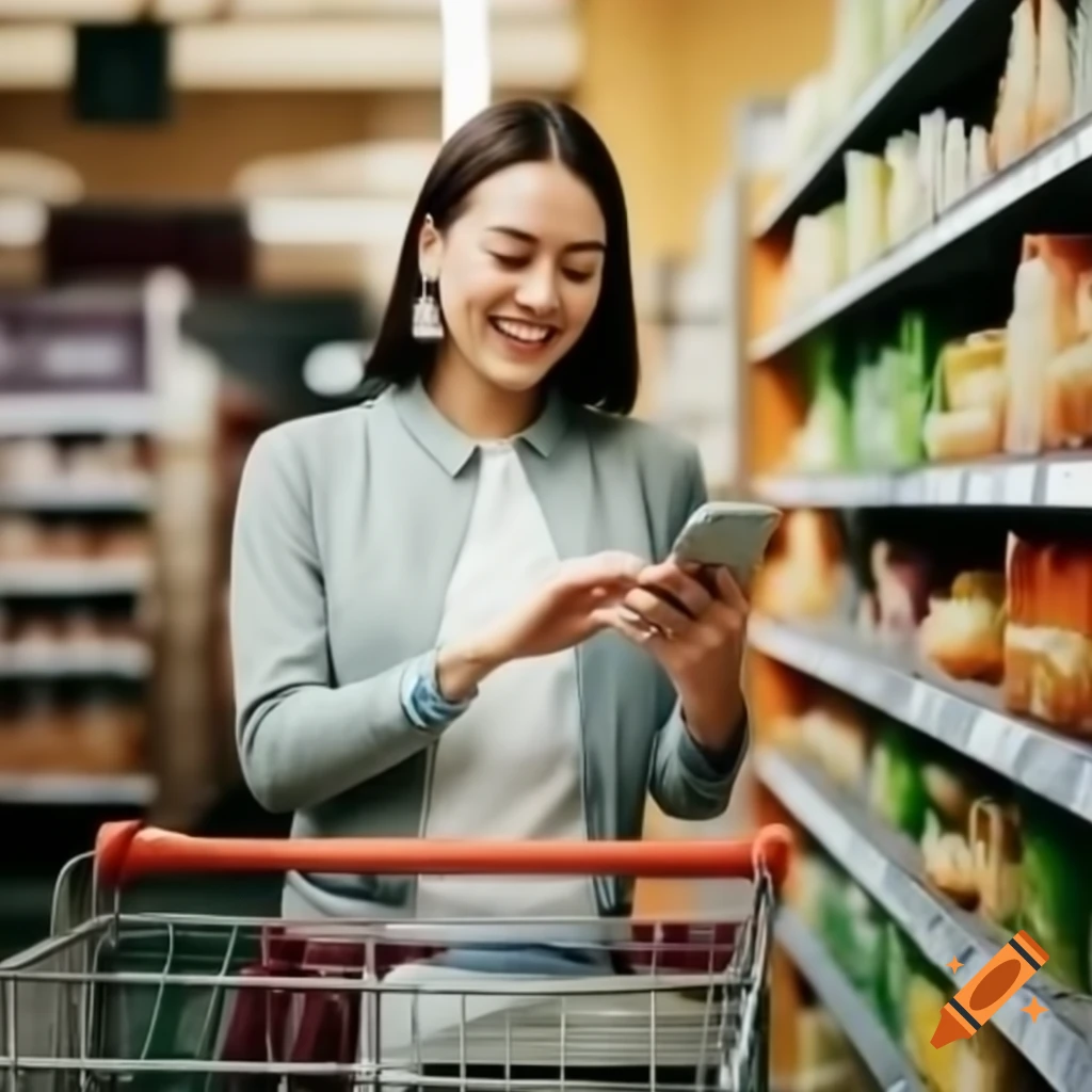 Woman using price-saving app in supermarket