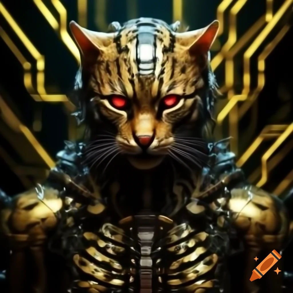 Cybernetic feline creature with gold circuitry and red eyes in neon alley