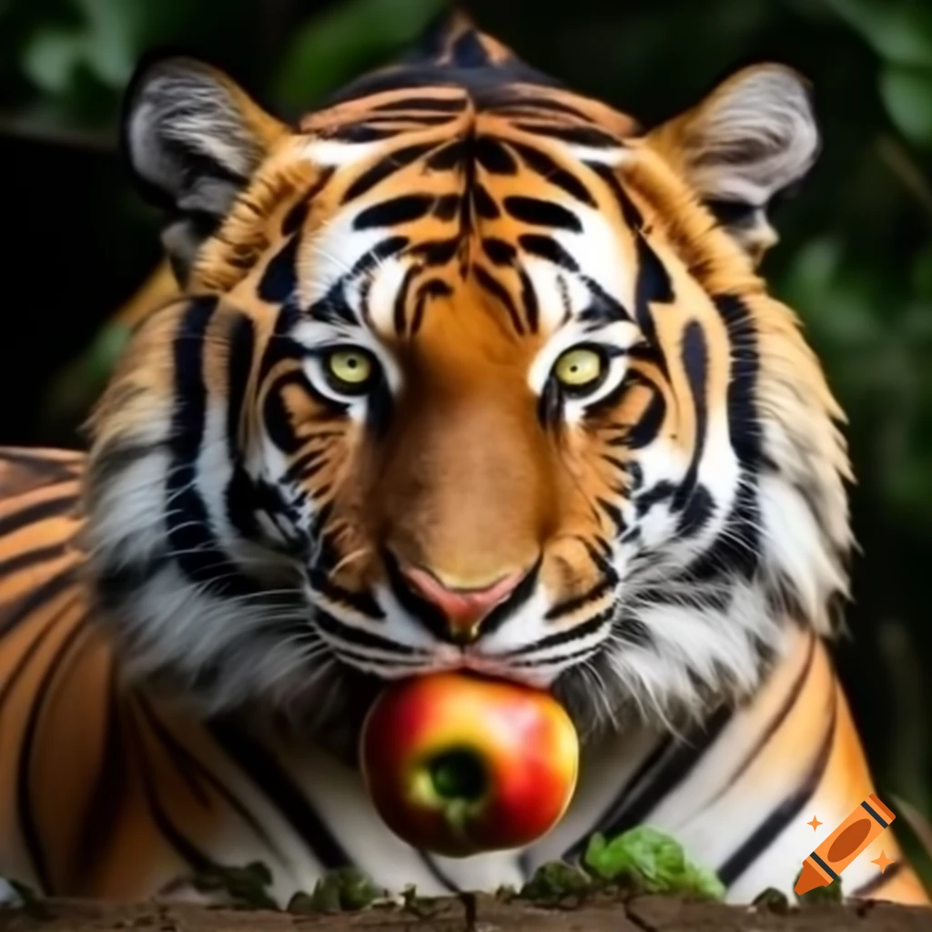 Tiger eating an apple