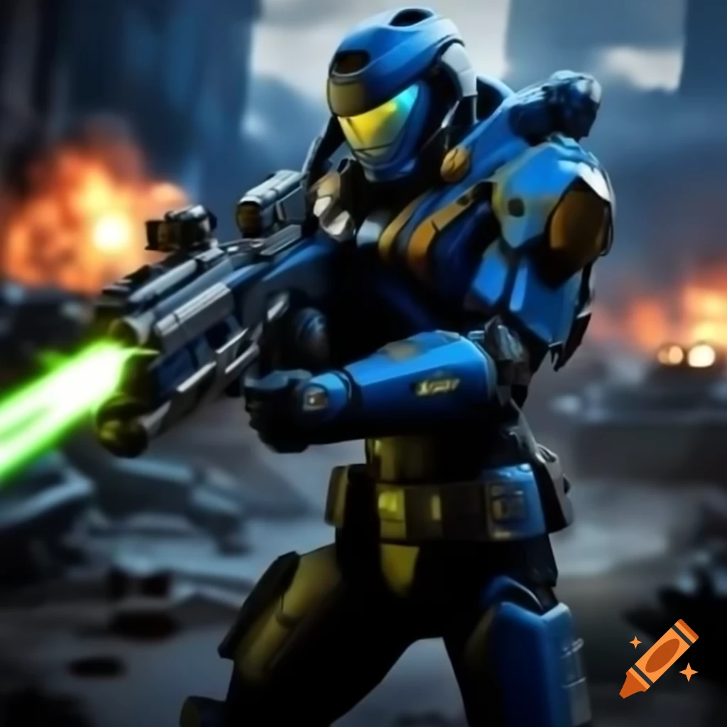 Futuristic soldier in blue and black armor firing laser gun on battlefield