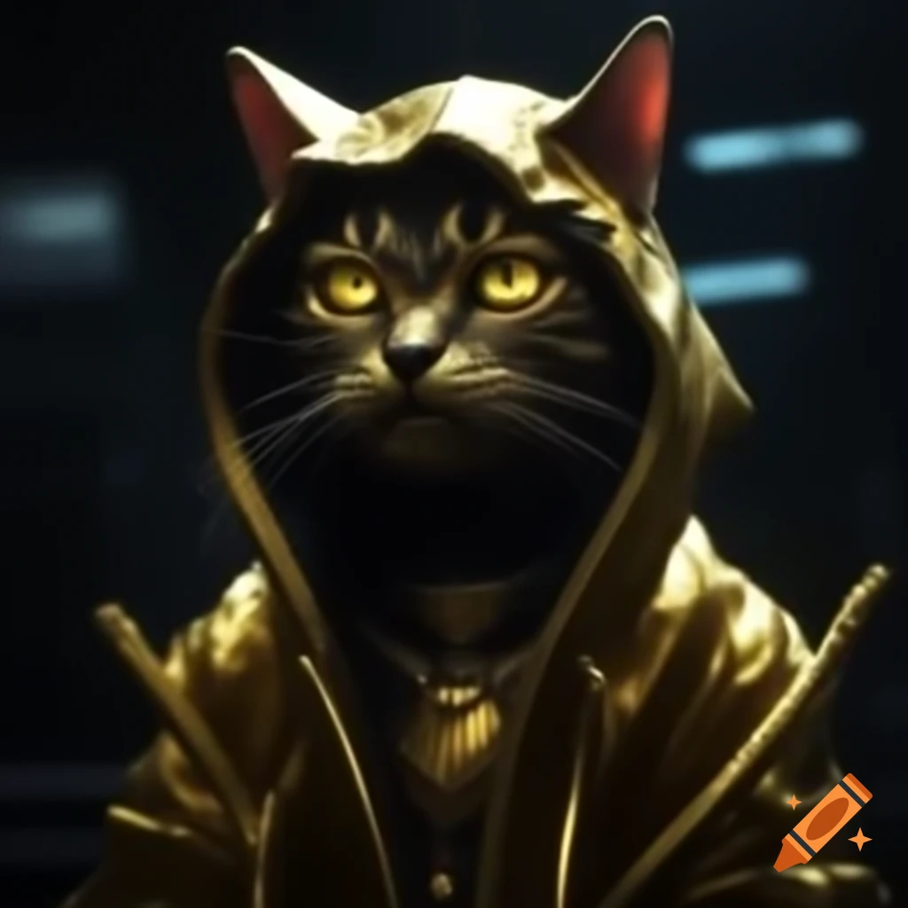 Glowing golden evil cat deity in cyberpunk style