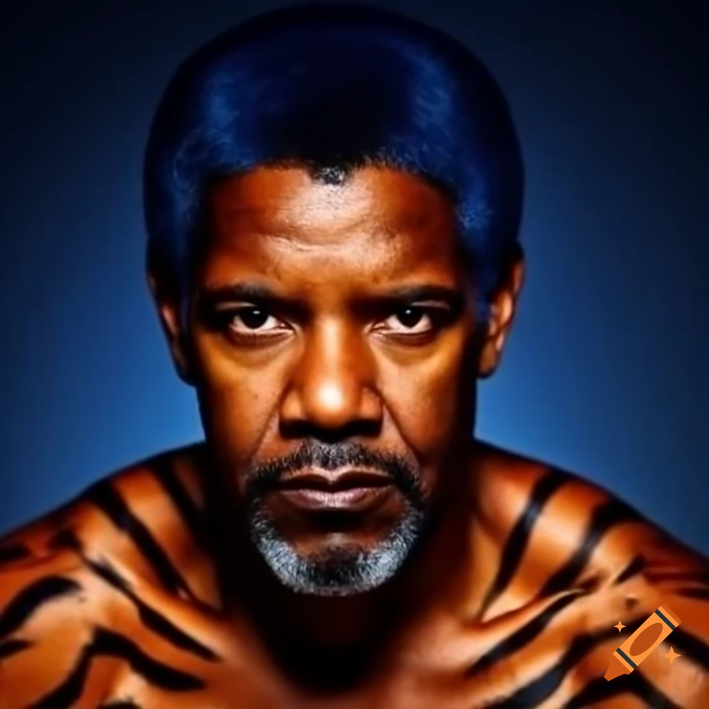 Muscular figure with tiger-style makeup, blue hair, and orange skin with black stripes