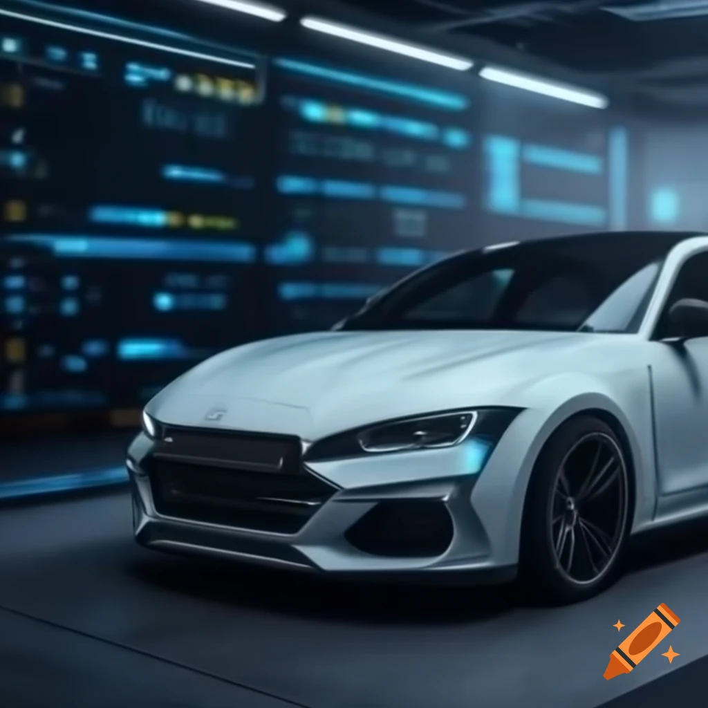 White and gray car with coding graphics