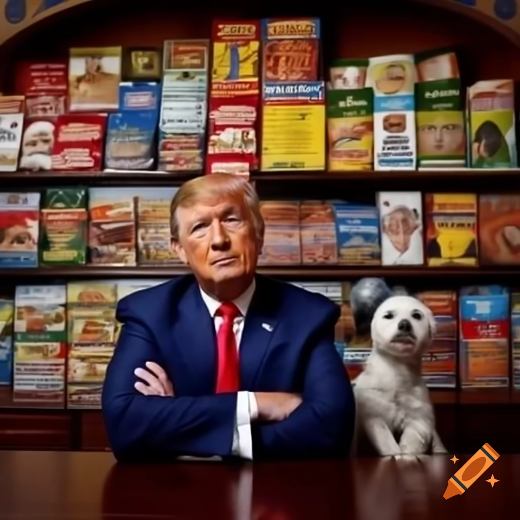 Dog food labels featuring Donald Trump's face