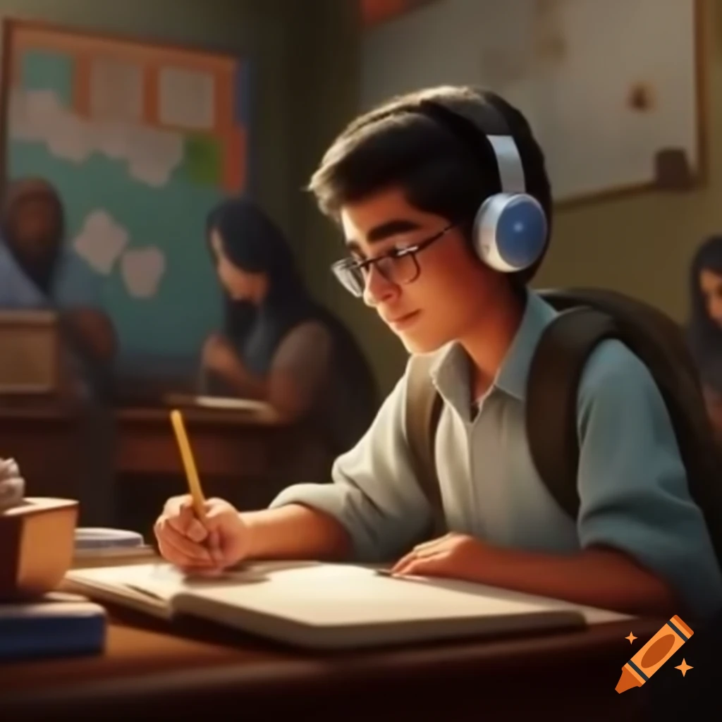 Student listening to Arabic lesson with earphones and Arabic letters in background