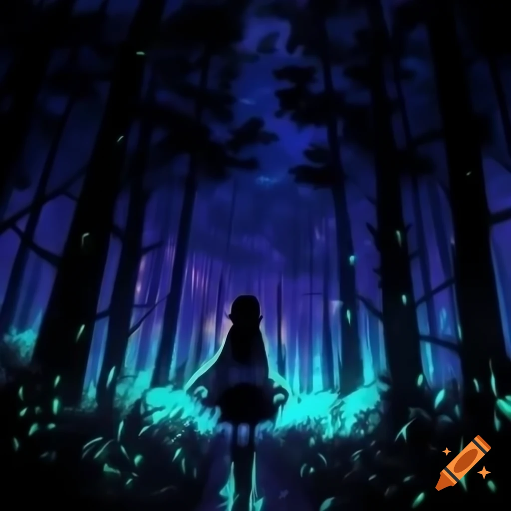 Aesthetic anime drawing of a young warrior in dark forest at night with luminous colors