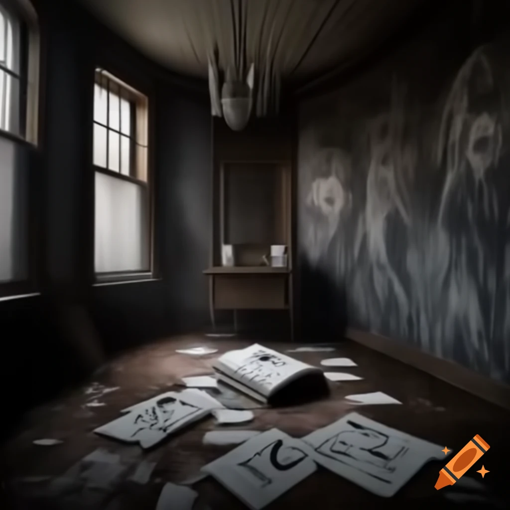 Scary haunted house room with demonic drawings on walls