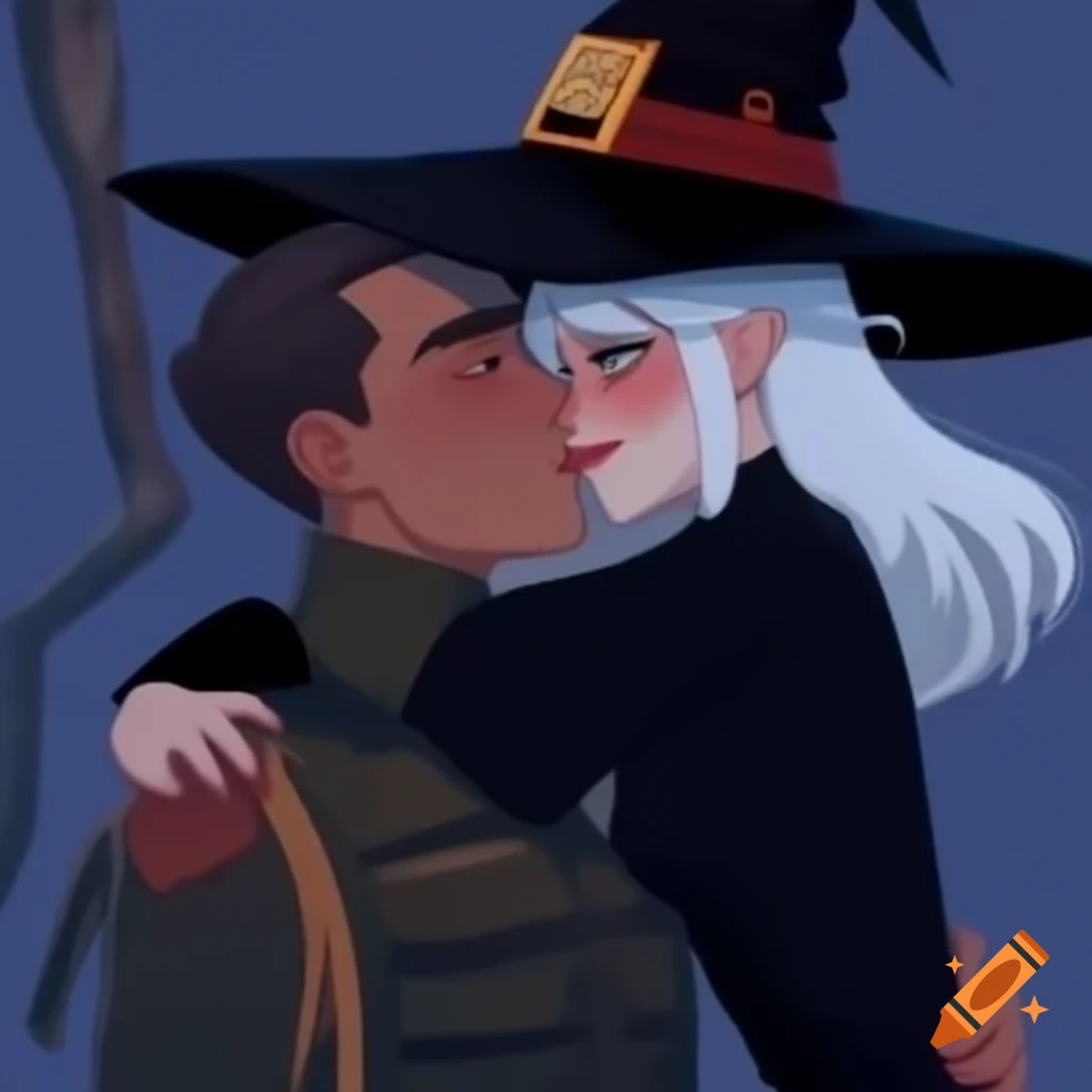 US Army soldier embracing witch with white hair in dress