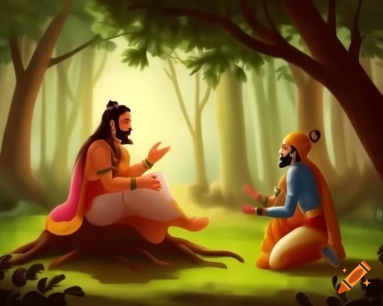 Wise Indian guru conversing in forest, inspired by Ramayan and Kailash Chandra Meher