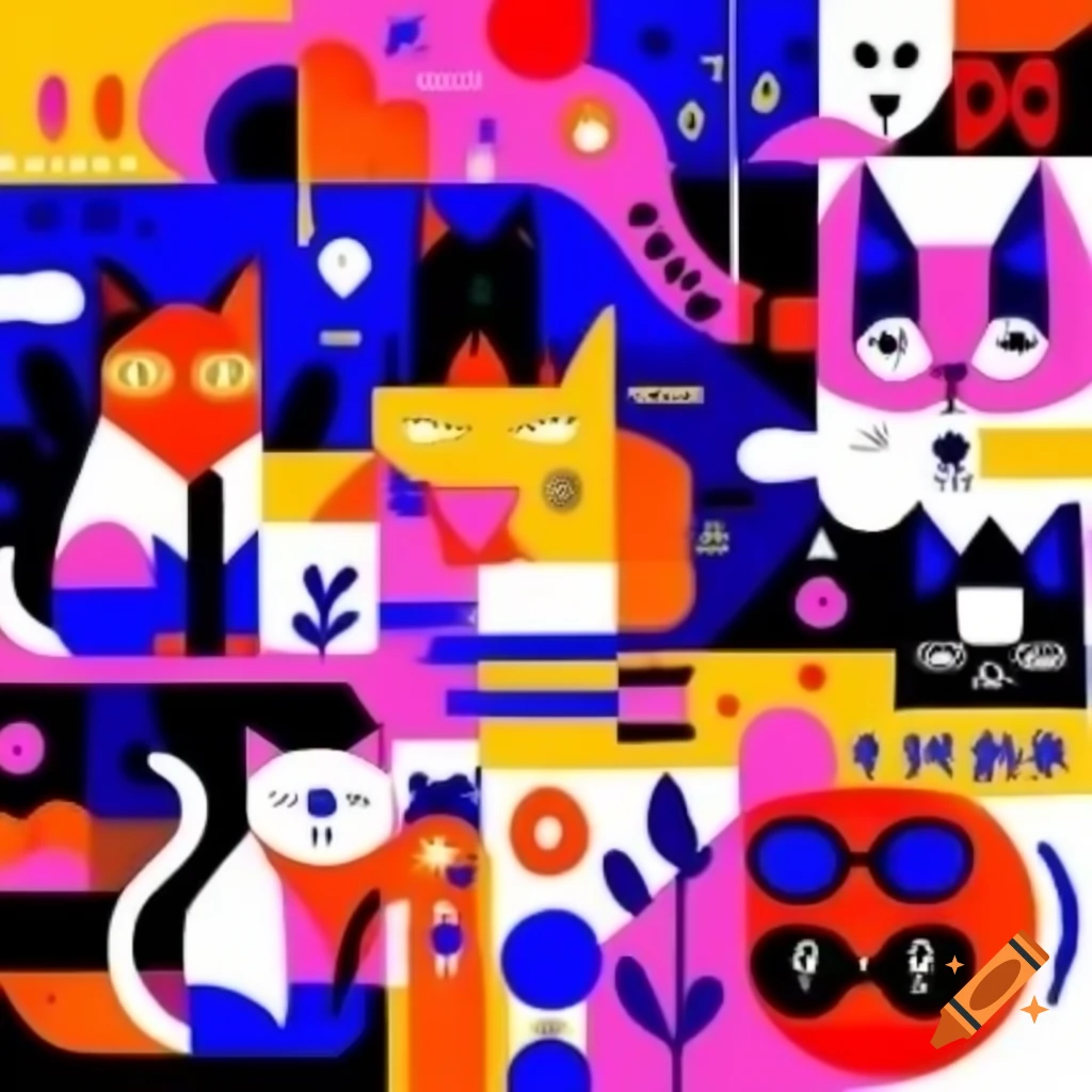 Geometric abstract art featuring multiple cats