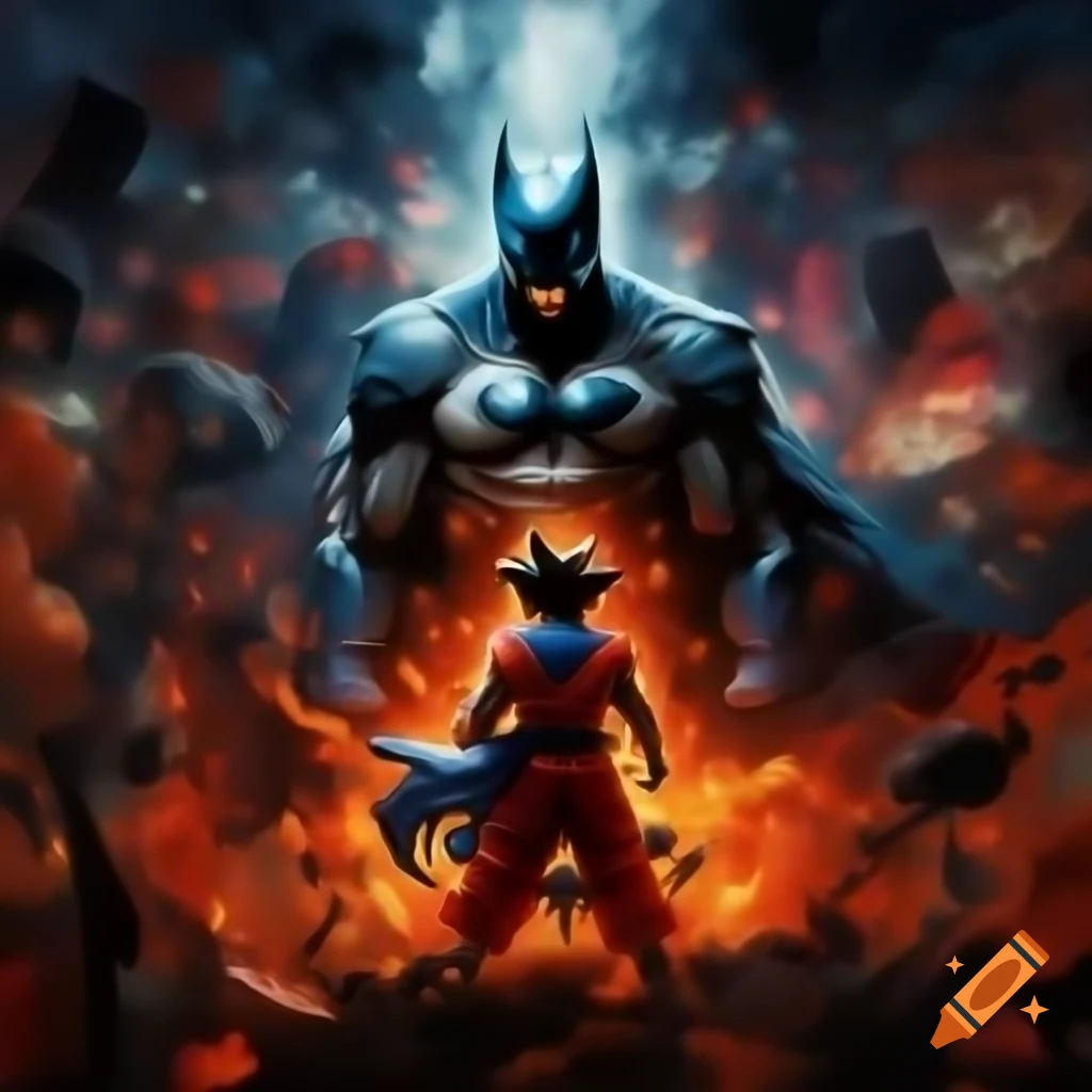 Batman and Super Saiyan Goku clashing in a vibrant, chaotic scene with exploding pizza