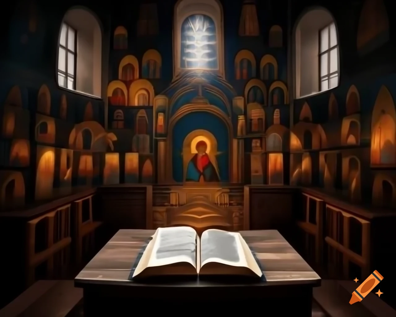 Open book on table in church with illuminated iconostasis