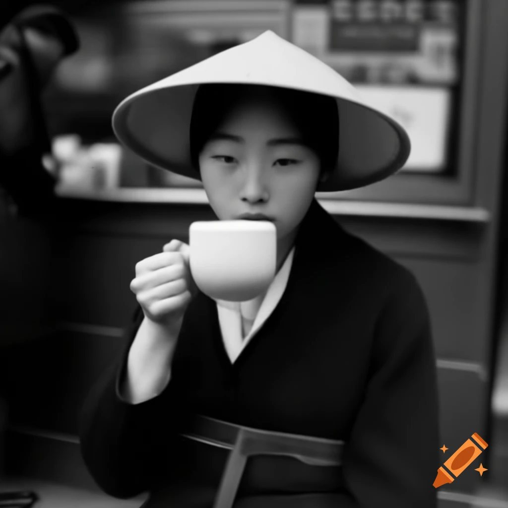Korean woman wearing a hat enjoying coffee in Paris