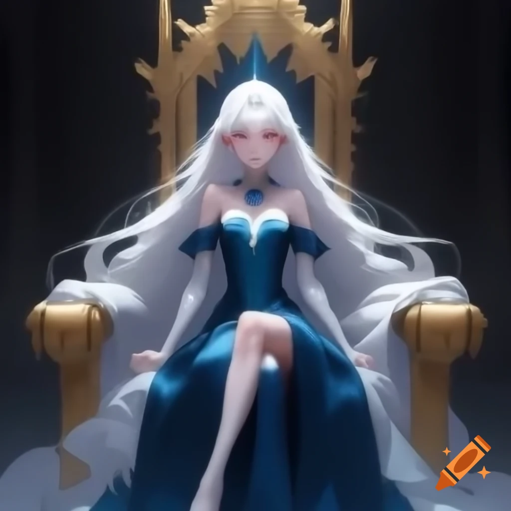 Young empress with white hair and sapphire blue lock, sitting on golden throne in silk dress