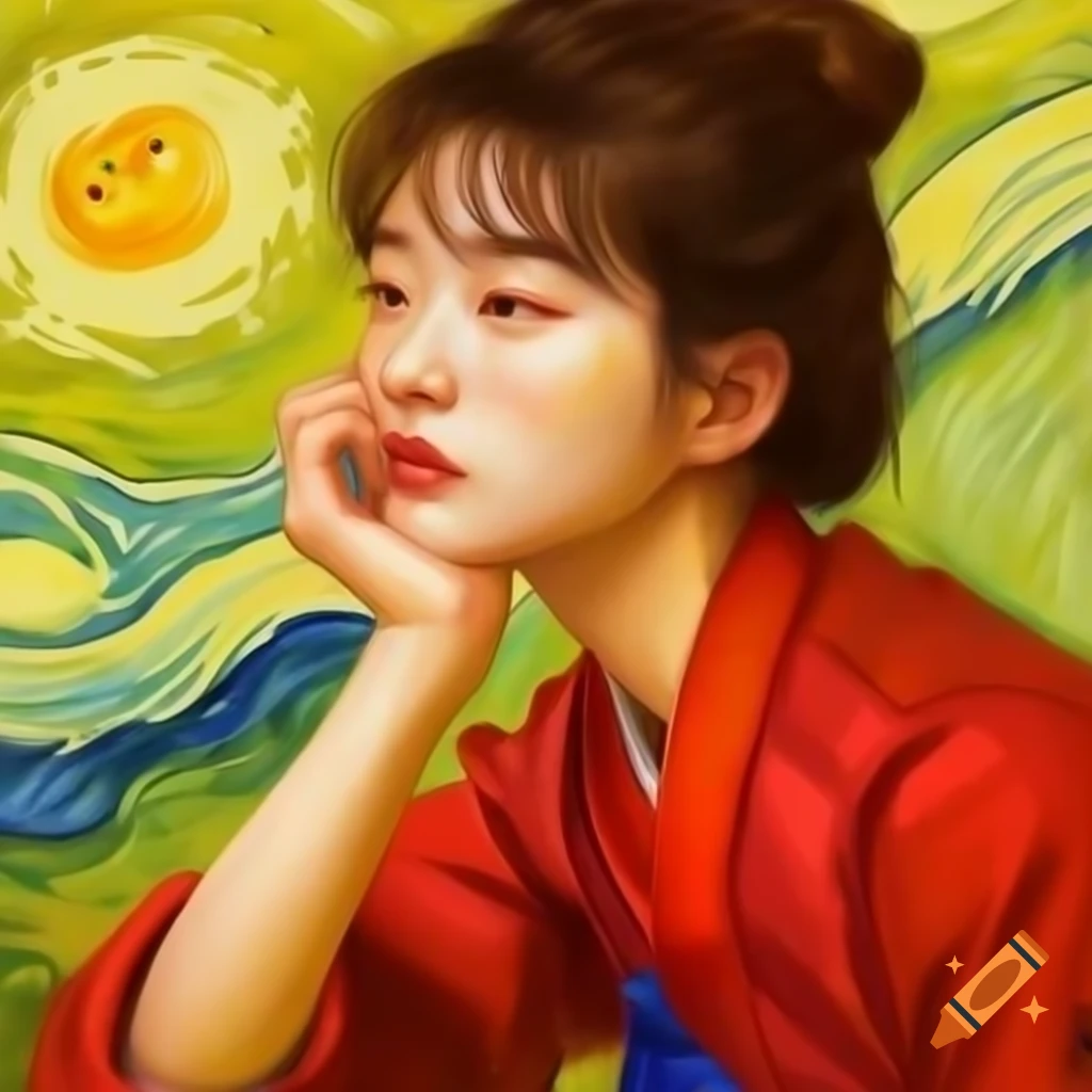 Portrait of Korean woman in red, animated style with watercolor and Rembrandt influences