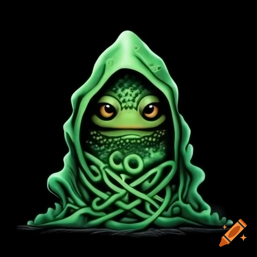 Green hooded Celtic pattern cloak slime creature in full figure