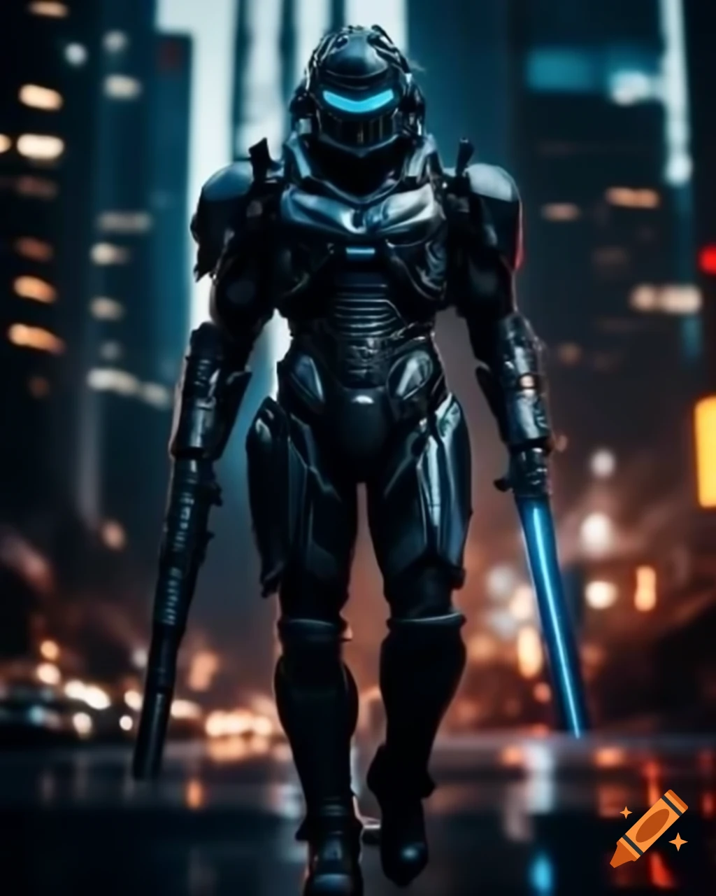 Warrior in black and cobalt armor against shimmering cityscape with cybernetic enhancements