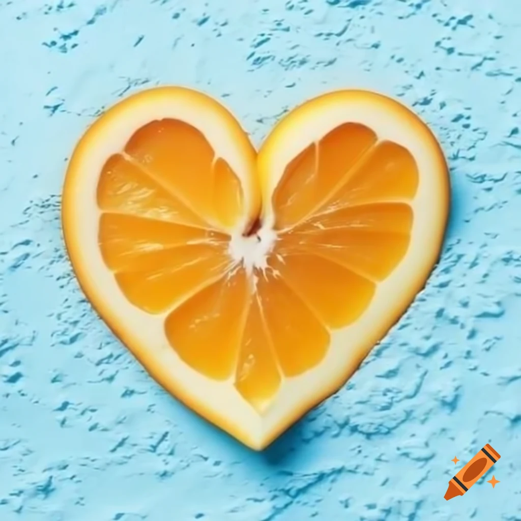 Heart-shaped orange sliced open on pastel blue background