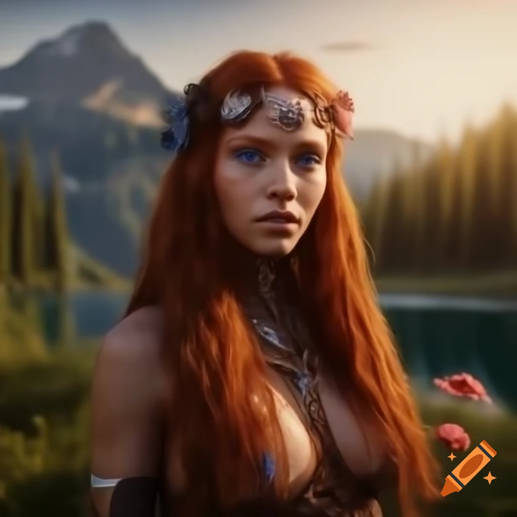 Hyperrealistic portrait of redheaded woman with flowers in hair and blue eyes