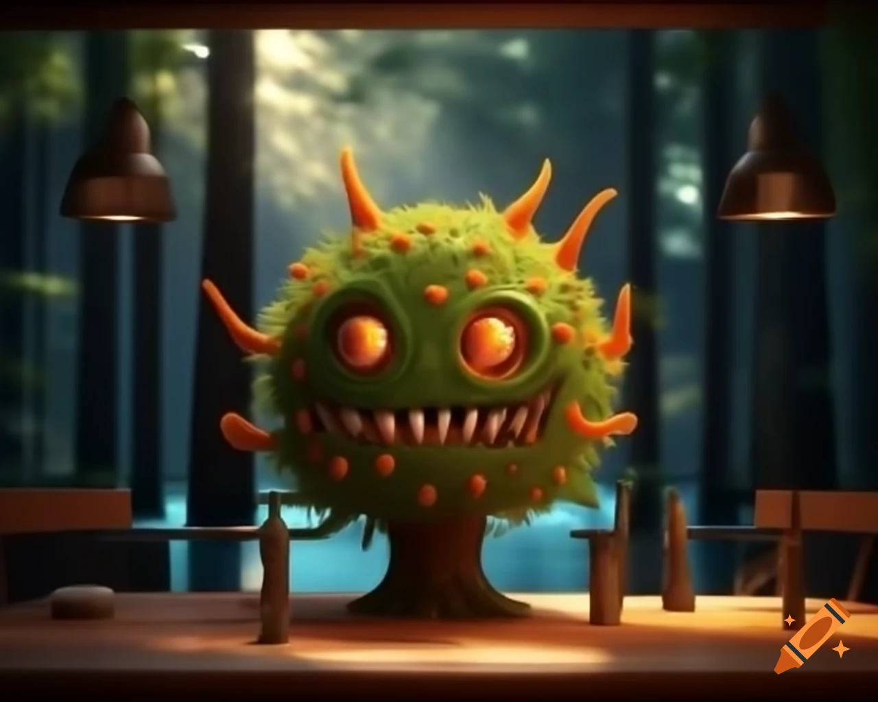 Hyper-realistic depiction of orange tree monster with human face in contemporary forest setting