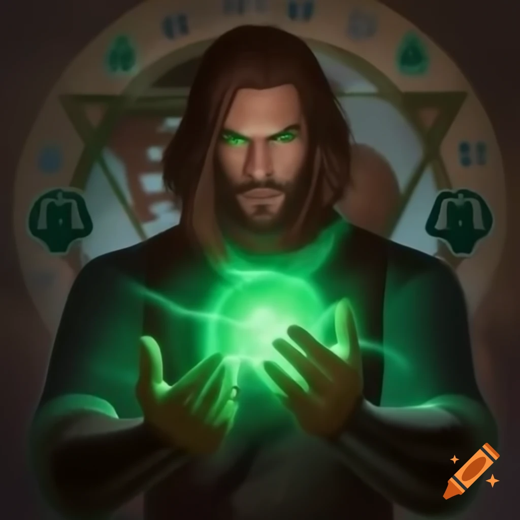 Man wielding green power with mystical symbols and runes in background