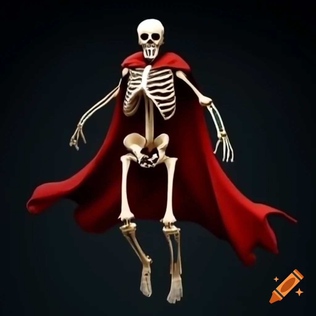 Realistic flying skeleton superhero wearing red cape