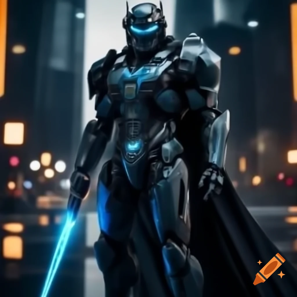 Grim warrior in black and cobalt armor against a shimmering cityscape