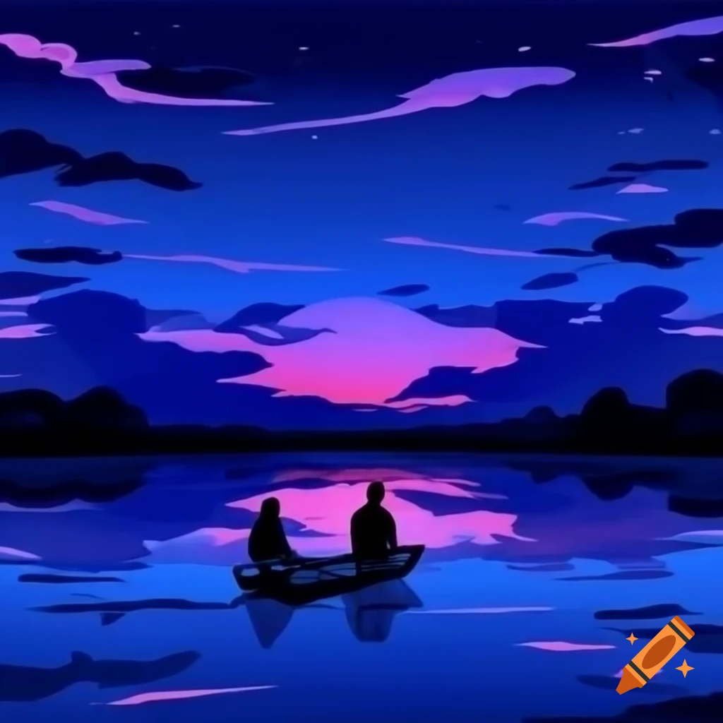 Couple in boat at sunset with stars, abstract modern art