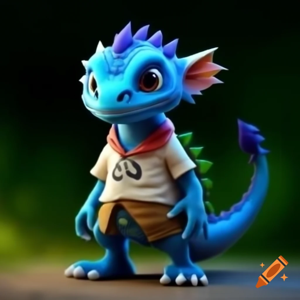 Anthropomorphic blue dragon in shirt and shorts
